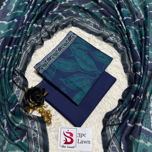3 Piece Bin Saeed Unstitched Printed Lawn Suit – Navy Blue Color