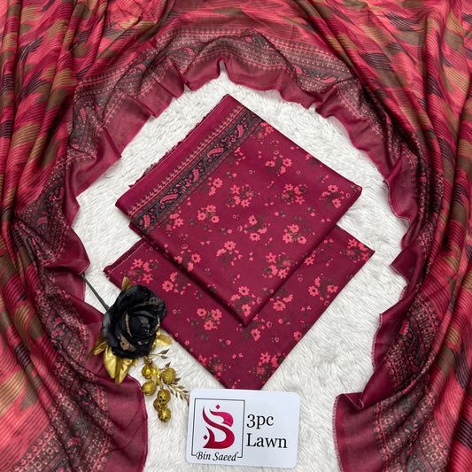 3 Piece Bin Saeed Unstitched Printed Lawn Suit – Maroon Color