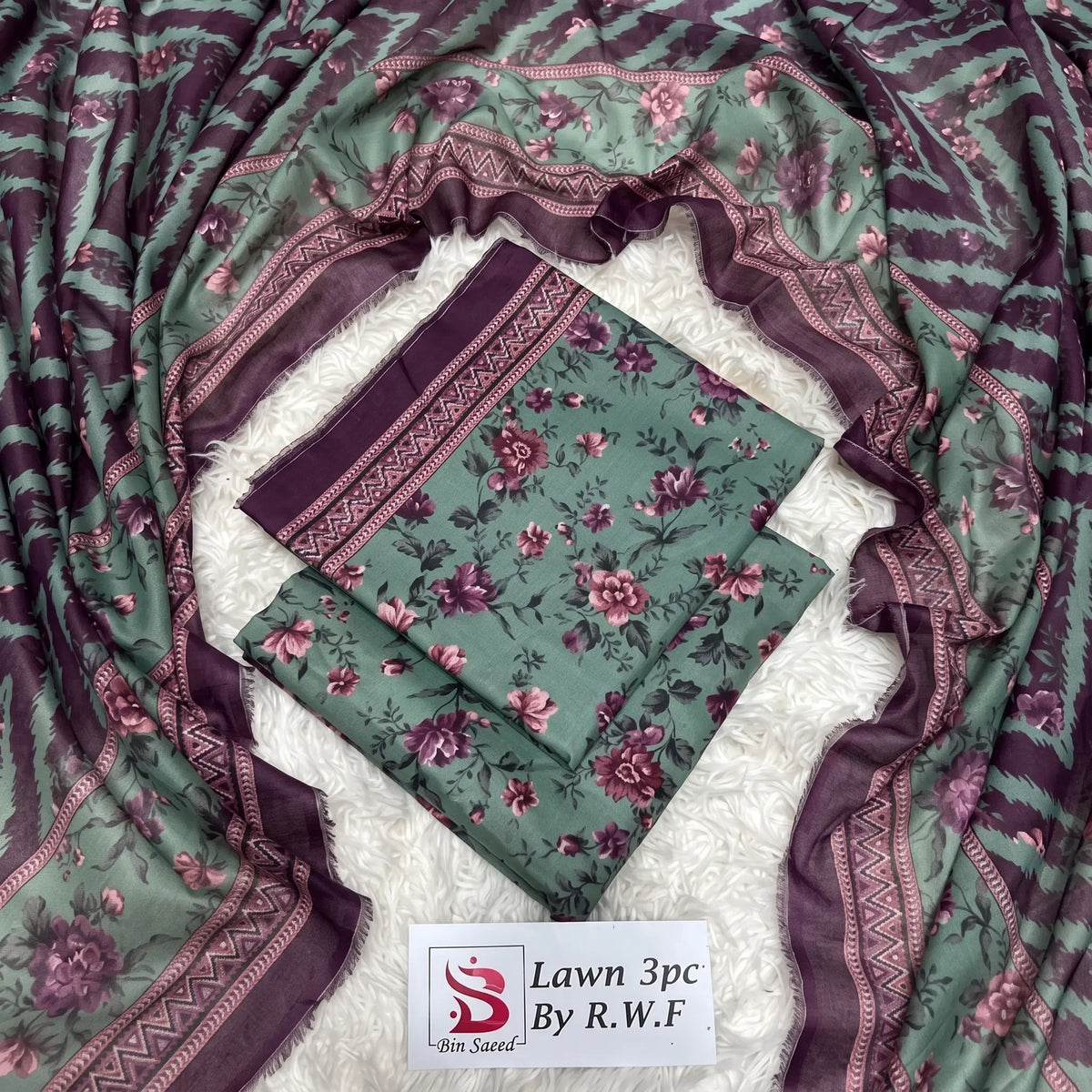 3 Piece Bin Saeed Unstitched Printed Lawn Suit – C Green Color