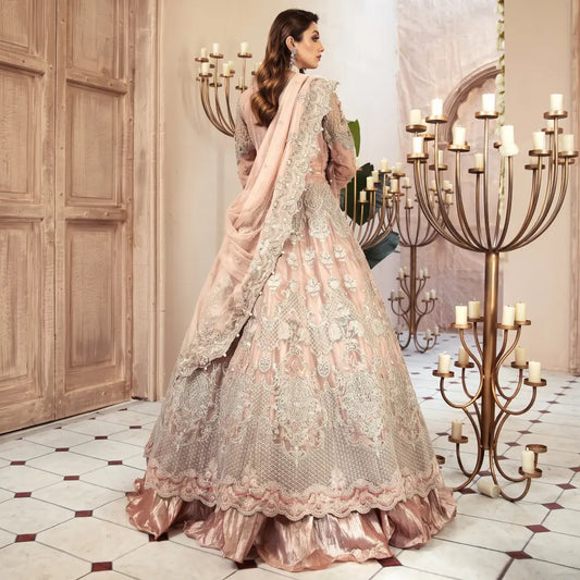 3 Piece MariaB Brand Unstitched Luxury Embroidered Lawn Suit – Peach Color