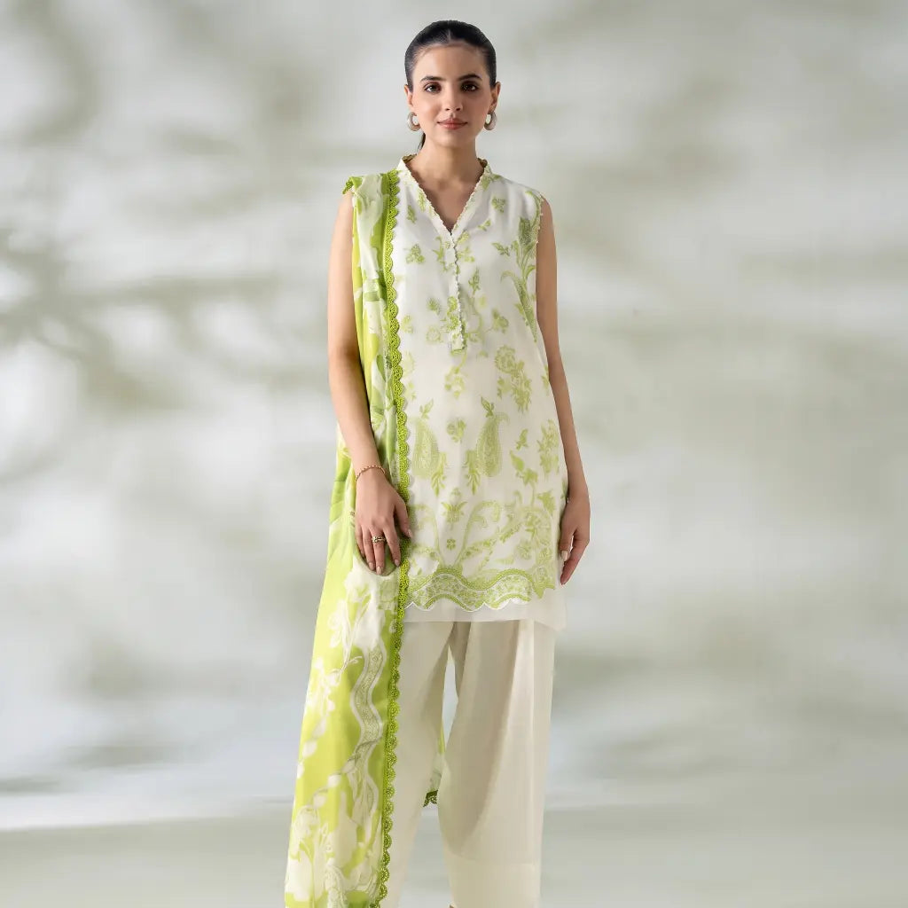 3 Piece Gull Jee Unstitched Printed Lawn Suit – Off White Color