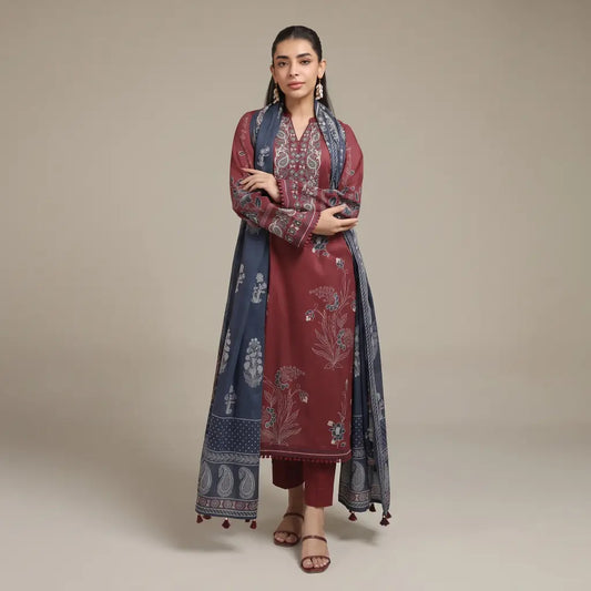 3 Piece khaadi Unstitched Printed Lawn Suit – Maroon Color