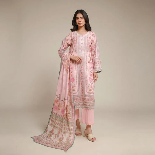 3 Piece khaadi Unstitched Printed Lawn Suit – Baby Pink Color