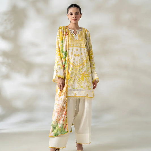 3 Piece Gull Jee Unstitched Printed Lawn Suit – Off White Color