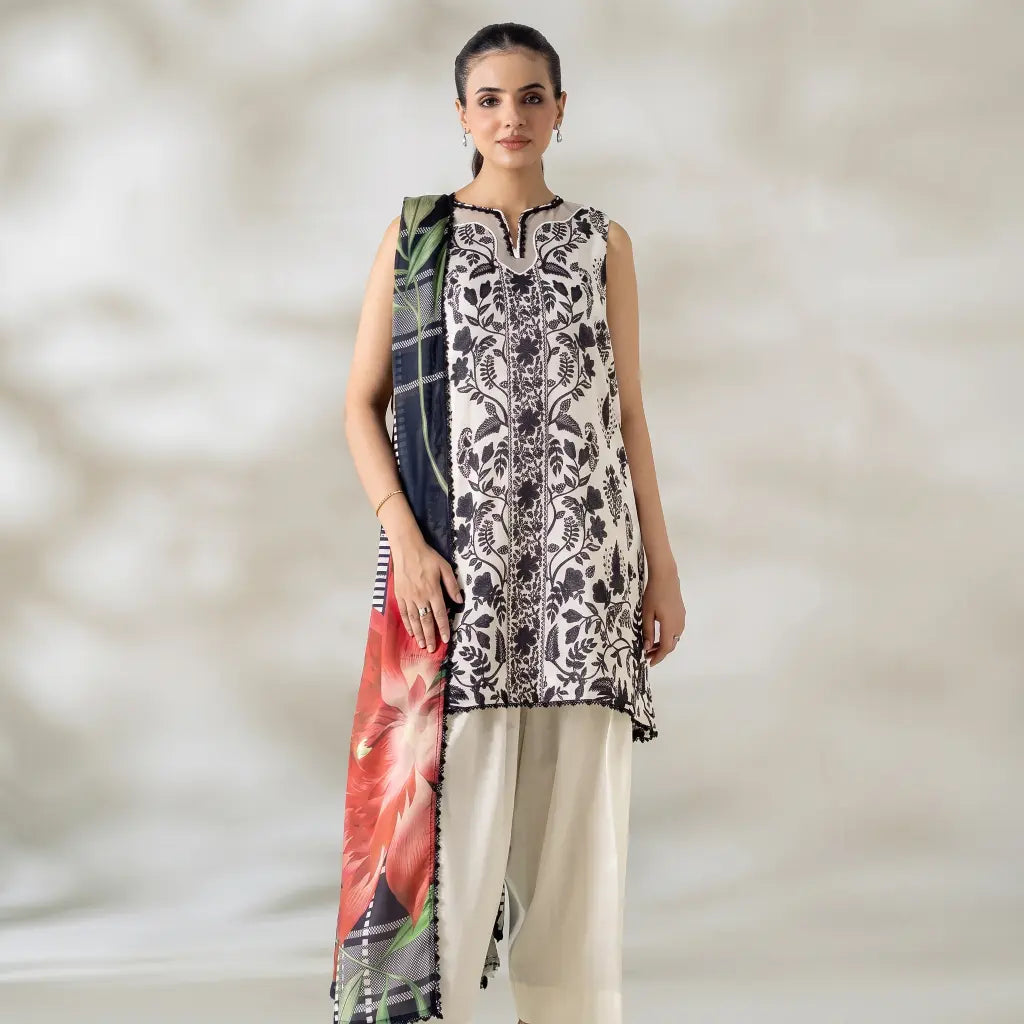 3 Piece Gull Jee Unstitched Printed Lawn Suit – Off White Color