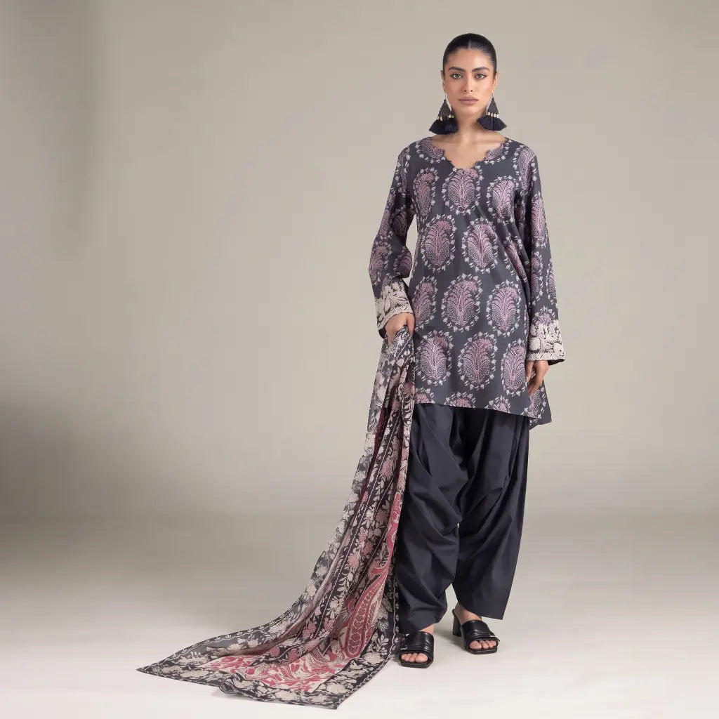 3 Piece khaadi Unstitched Printed Lawn Suit – Grey Black Color