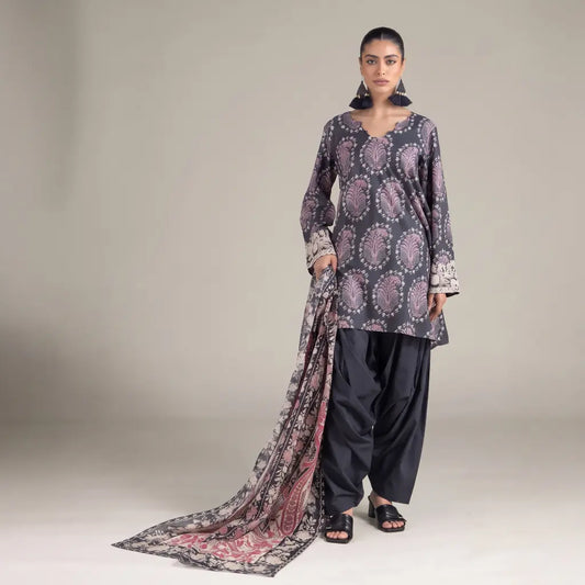 3 Piece khaadi Unstitched Printed Lawn Suit – Grey Black Color
