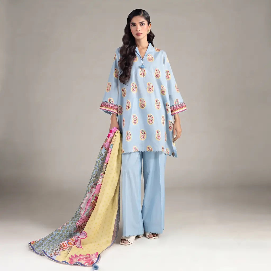 3 Piece khaadi Unstitched Printed Lawn Suit – Sky Blue Color