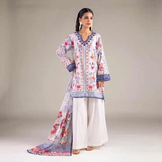 3 Piece khaadi Unstitched Printed Lawn Suit – Off-white Color