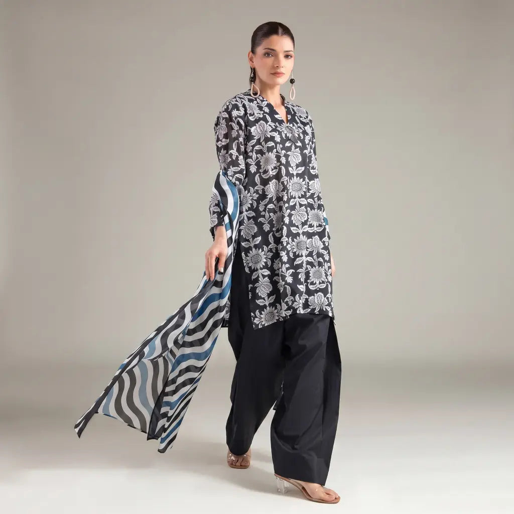 3 Piece khaadi Unstitched Printed Lawn Suit – Black Color