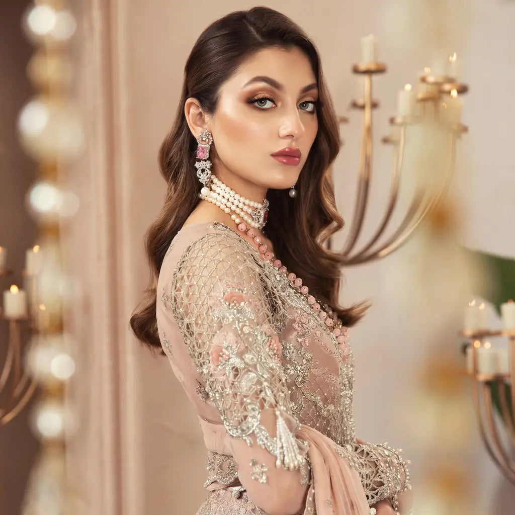 3 Piece MariaB Brand Unstitched Luxury Embroidered Lawn Suit – Peach Color