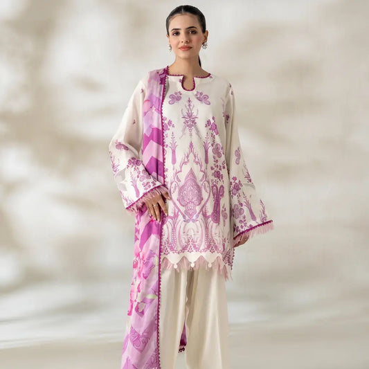 3 Piece Gull Jee Unstitched Printed Lawn Suit – Off White Color