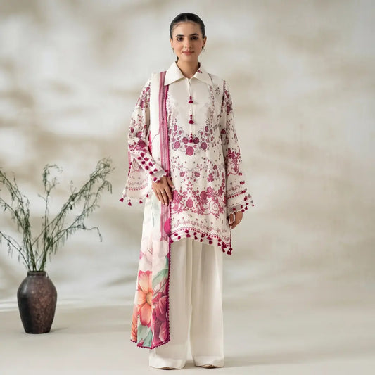 3 Piece Gull Jee Unstitched Printed Lawn Suit – Off White Color