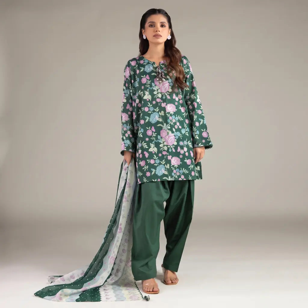 3 Piece khaadi Unstitched Printed Lawn Suit – Green Color