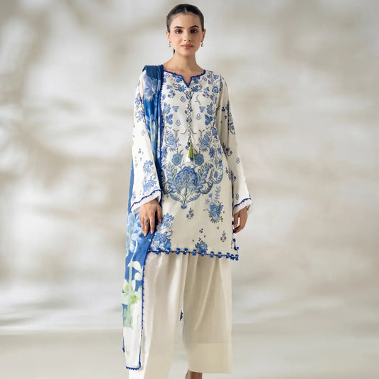 3 Piece Gull Jee Unstitched Printed Lawn Suit – Off White Color