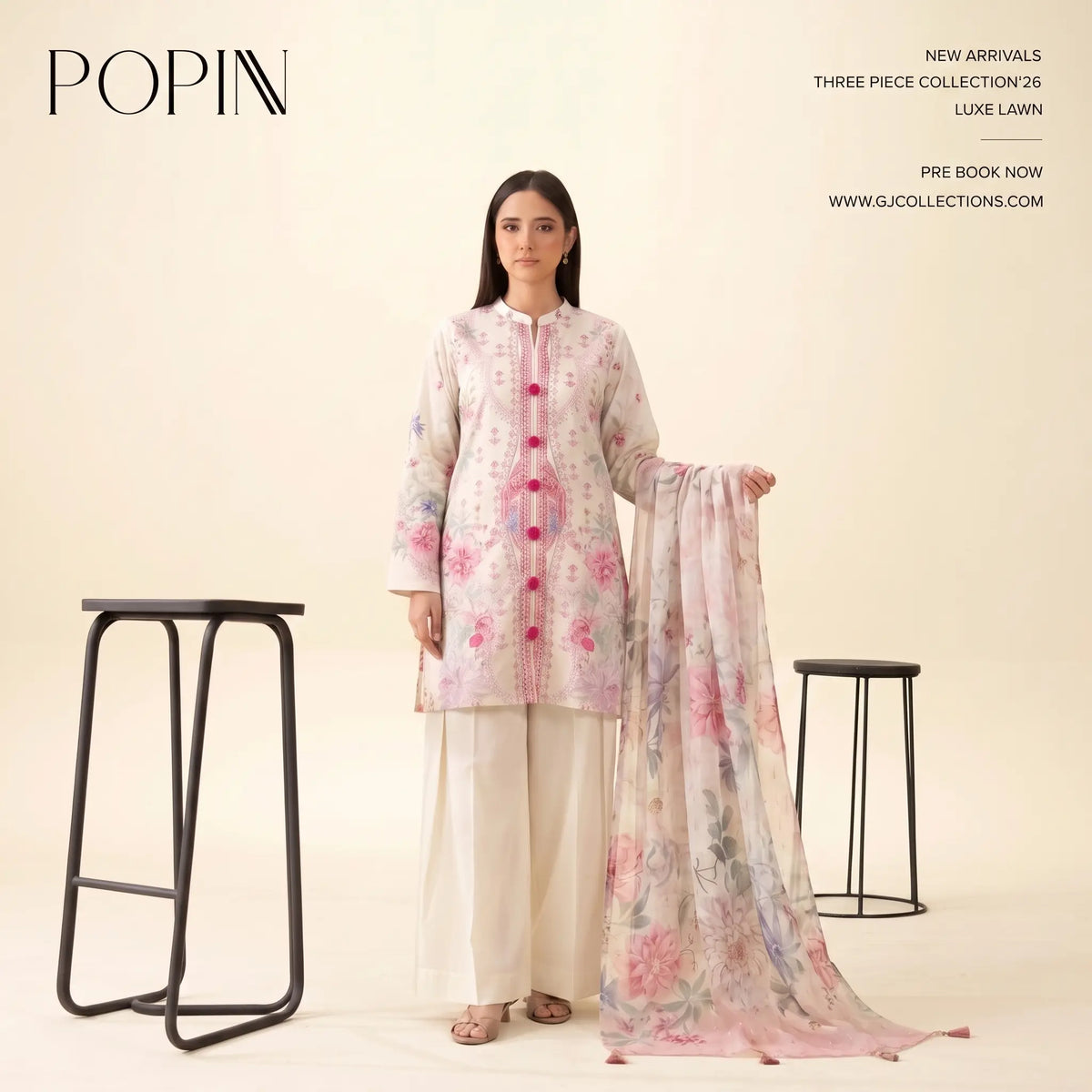 3 Piece Gull Jee Unstitched Printed Lawn Suit – Off White Color