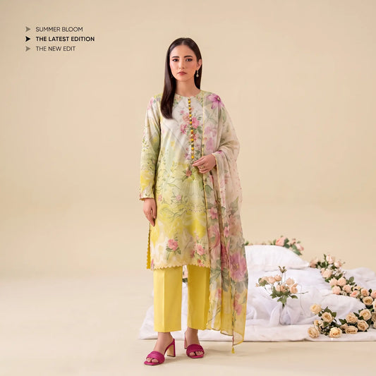 3 Piece Gull Jee Unstitched Printed Lawn Suit – Lemon Color