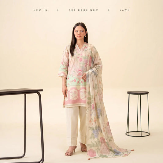 3 Piece Gull Jee Unstitched Printed Lawn Suit – Off White Color