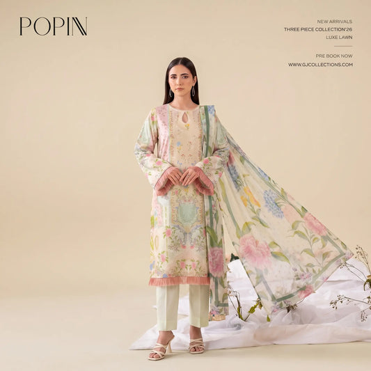 3 Piece Gull Jee Unstitched Printed Lawn Suit – Off White Color