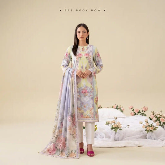 3 Piece Gull Jee Unstitched Printed Lawn Suit – Off White Color
