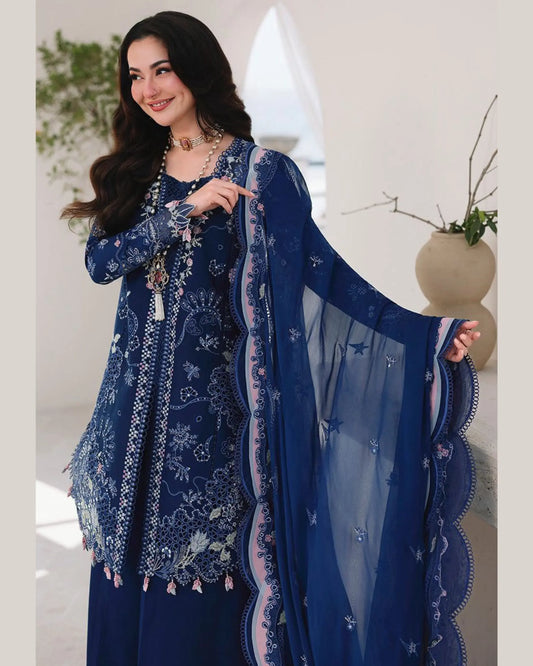 3 Piece Qalamkar Brand Unstitched Luxury Embroidered Lawn Suit – Navy Blue Color