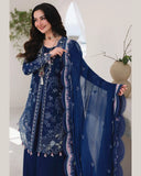3 Piece Qalamkar Brand Unstitched Luxury Embroidered Lawn Suit – Navy Blue Color