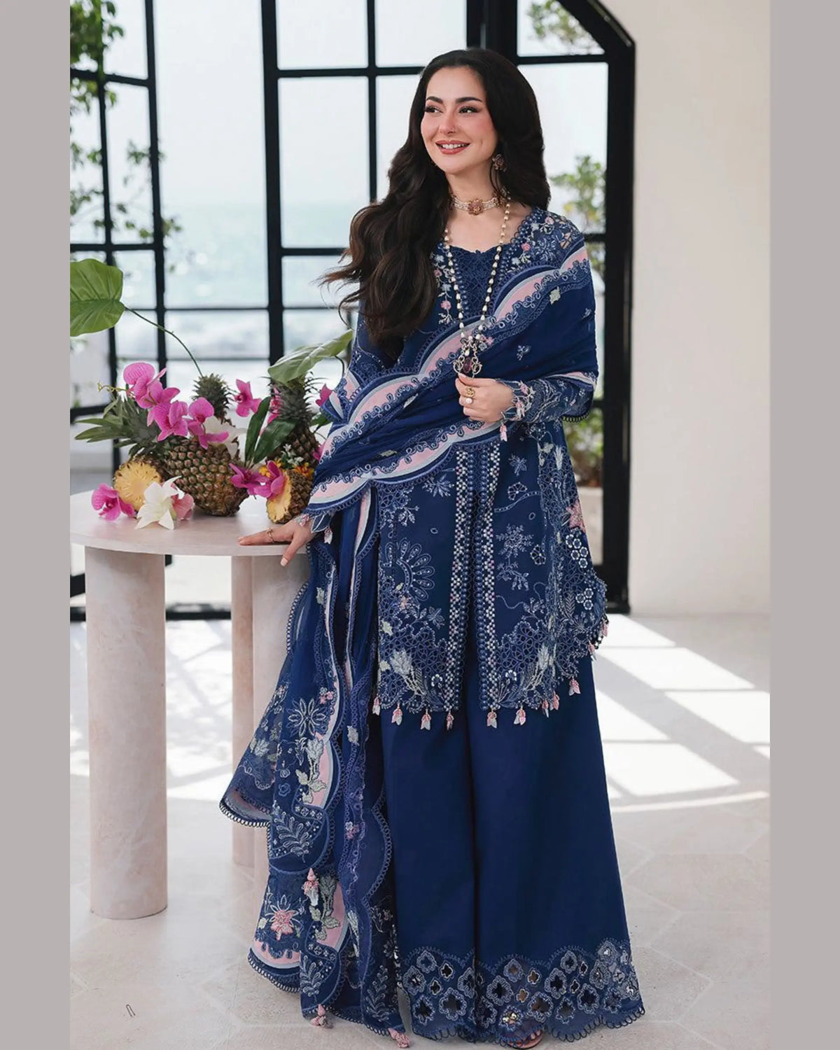 3 Piece Qalamkar Brand Unstitched Luxury Embroidered Lawn Suit – Navy Blue Color