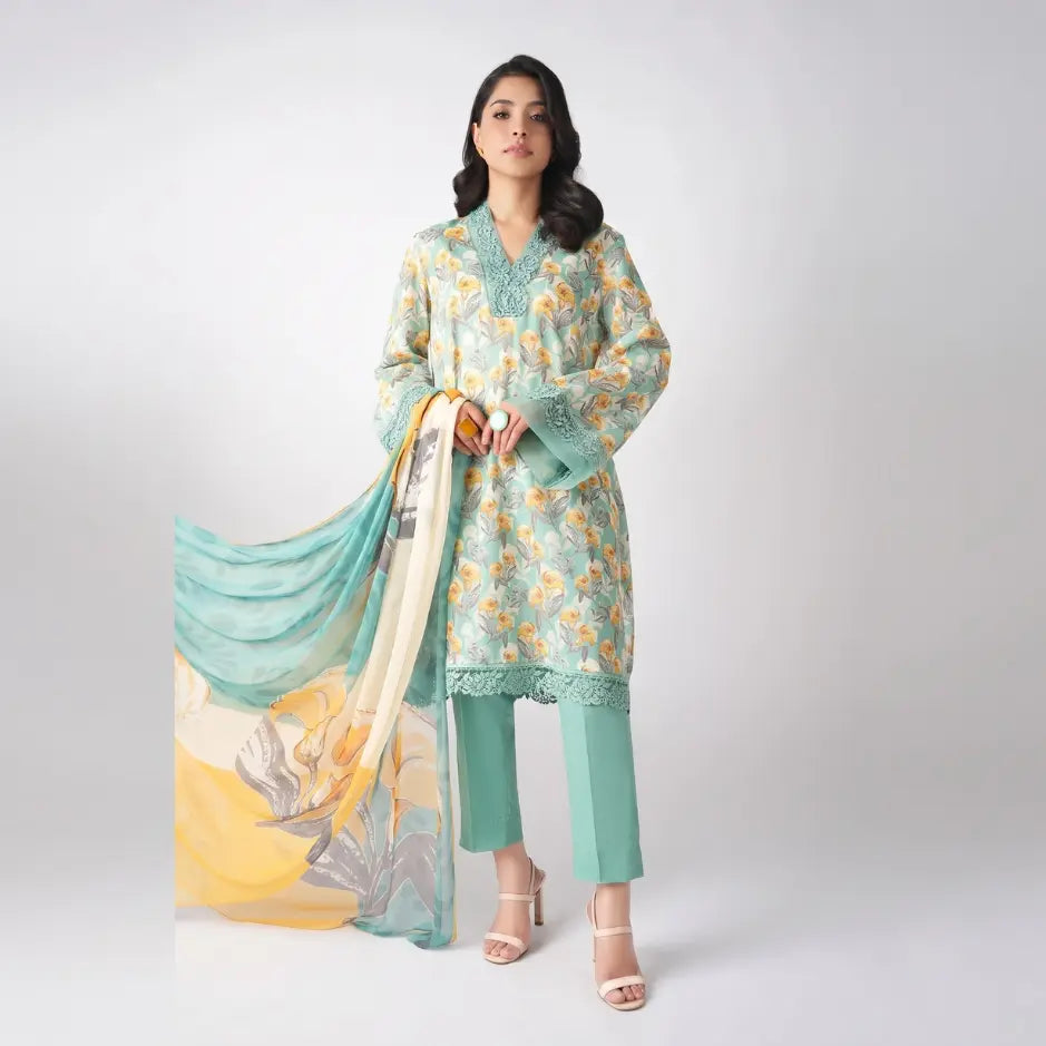 3 Piece Bareeze Unstitched Printed Lawn Suit – Ferozi Color