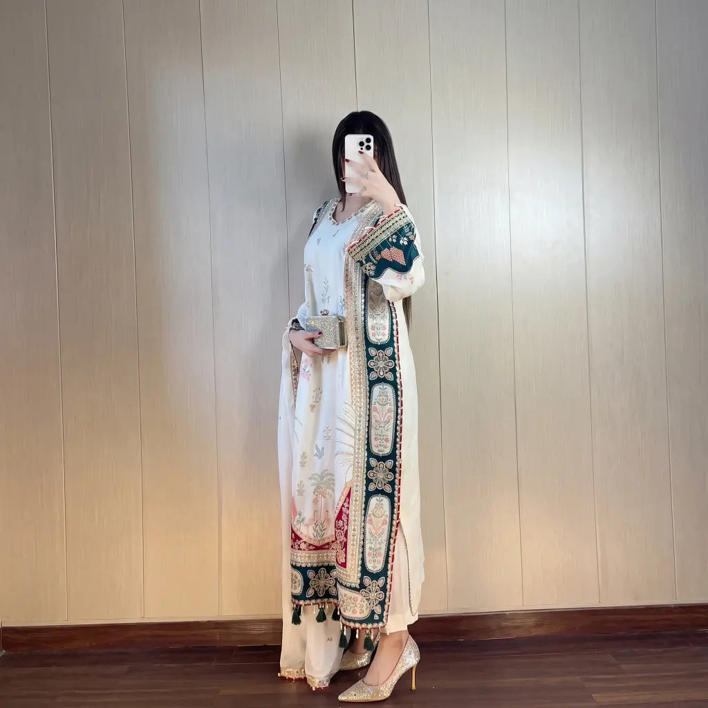 3 Piece Ethnic Silk Unstitched Luxury Embroidered Lawn Suit – Cream Color