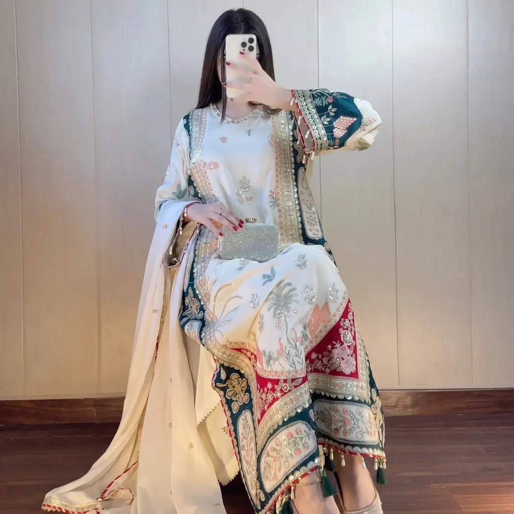 3 Piece Ethnic Silk Unstitched Luxury Embroidered Lawn Suit – Cream Color