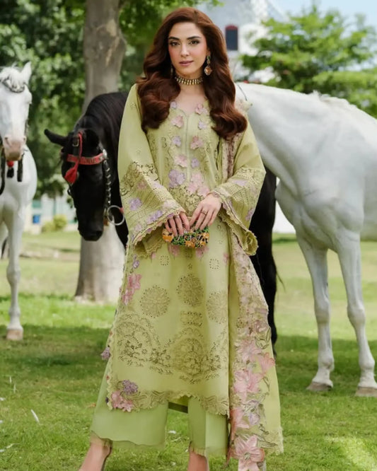 3 Piece ELAF Brand Unstitched Luxury Embroidered Lawn Suit – Pista Color